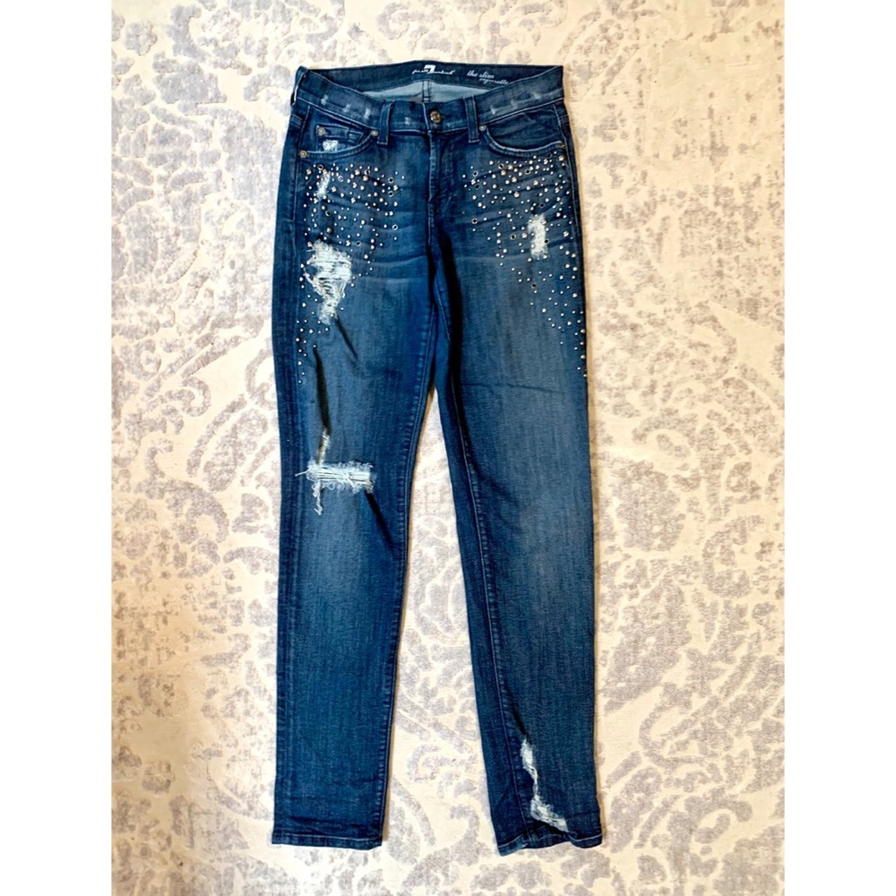 RARE 7FAM Slim Cigarette Distressed Studded Jeans - Picture 1 of 4